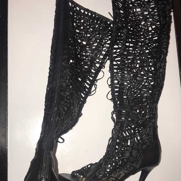 Tall black detailed lace up heels - Picture 5 of 8